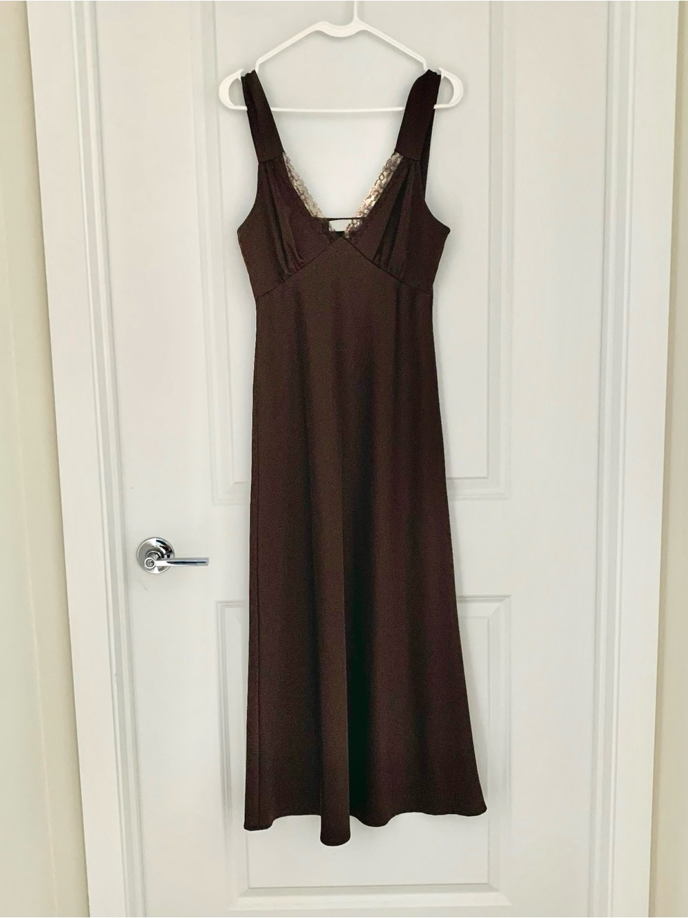 Wayf Brown Silky Satin Midi Maxi Slip Dress Lace V-neck Bias Cut Evening Gown S